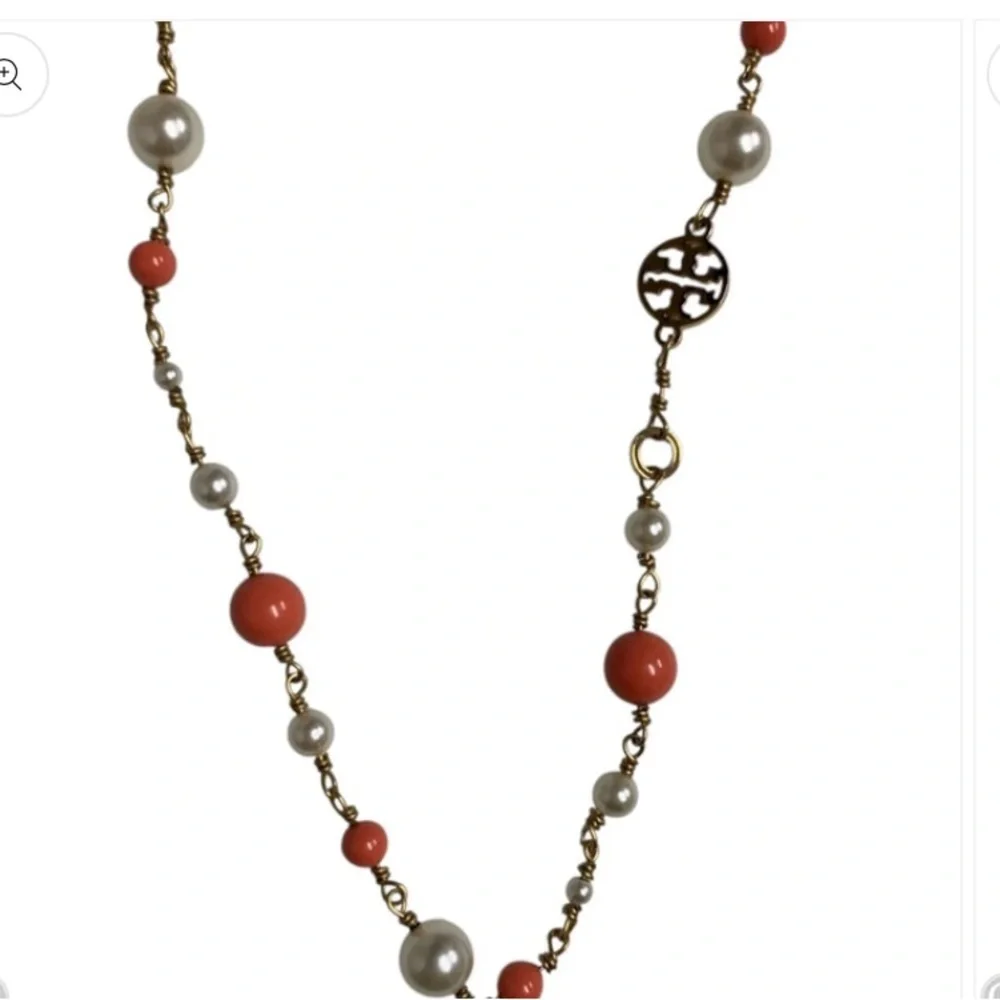 Tory Burch Faux Pearl & Resin Evie Logo good orange Convertible  Necklace $258
